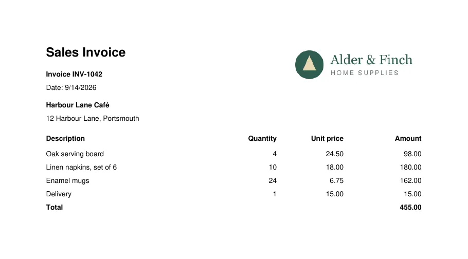 The first page of the converted invoice: the company logo, the invoice number, date and customer in the page header, the lines with quantities, unit prices and amounts, the total, and 'Printed by j.moreau' in the footer.