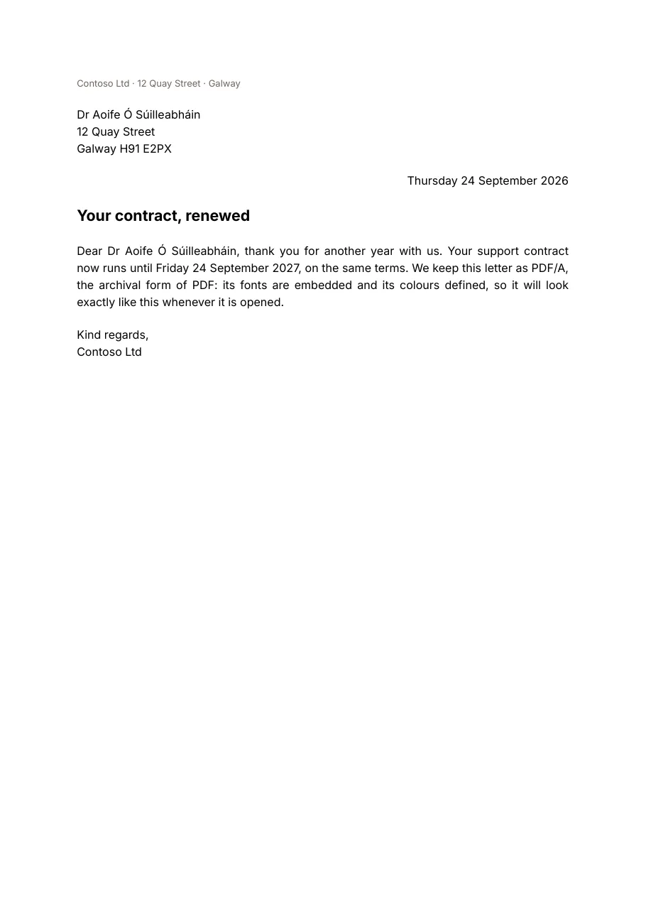 The rendered letter: sender, recipient, date, a heading, a justified paragraph, and a closing.
