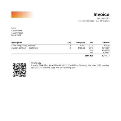 The top of an invoice rendered by Tagua, with a table of lines, totals and a payment QR code.