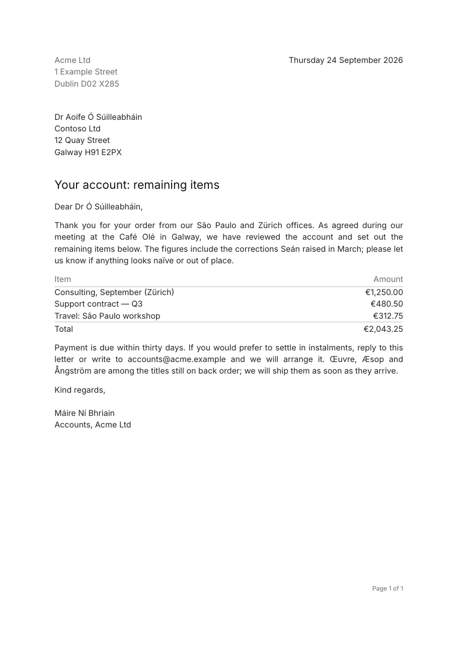 A justified business letter set in Inter.