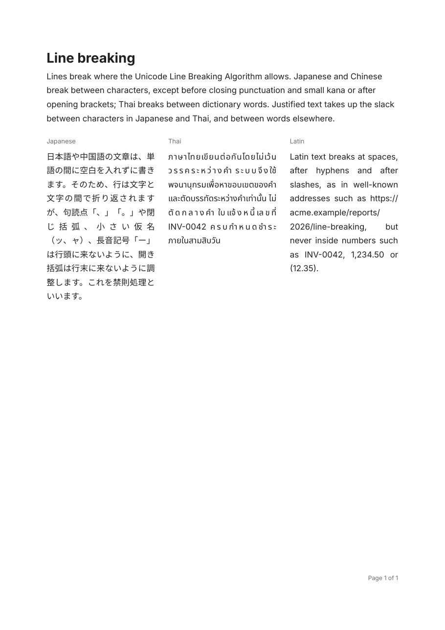 Japanese and Thai line breaking: Lines broken the way each language breaks them.