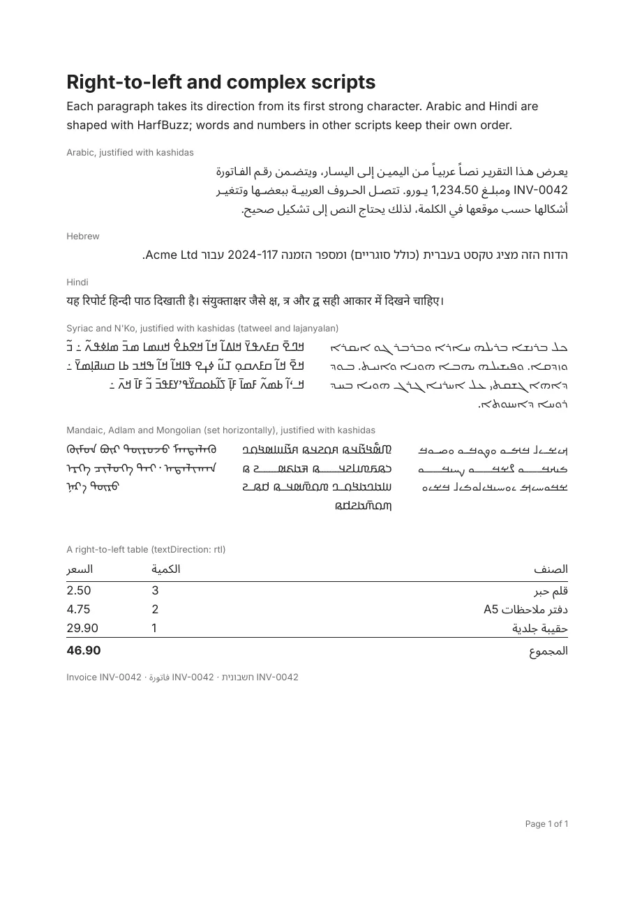Arabic, Hebrew and Hindi text with embedded Latin, and a right-to-left table.