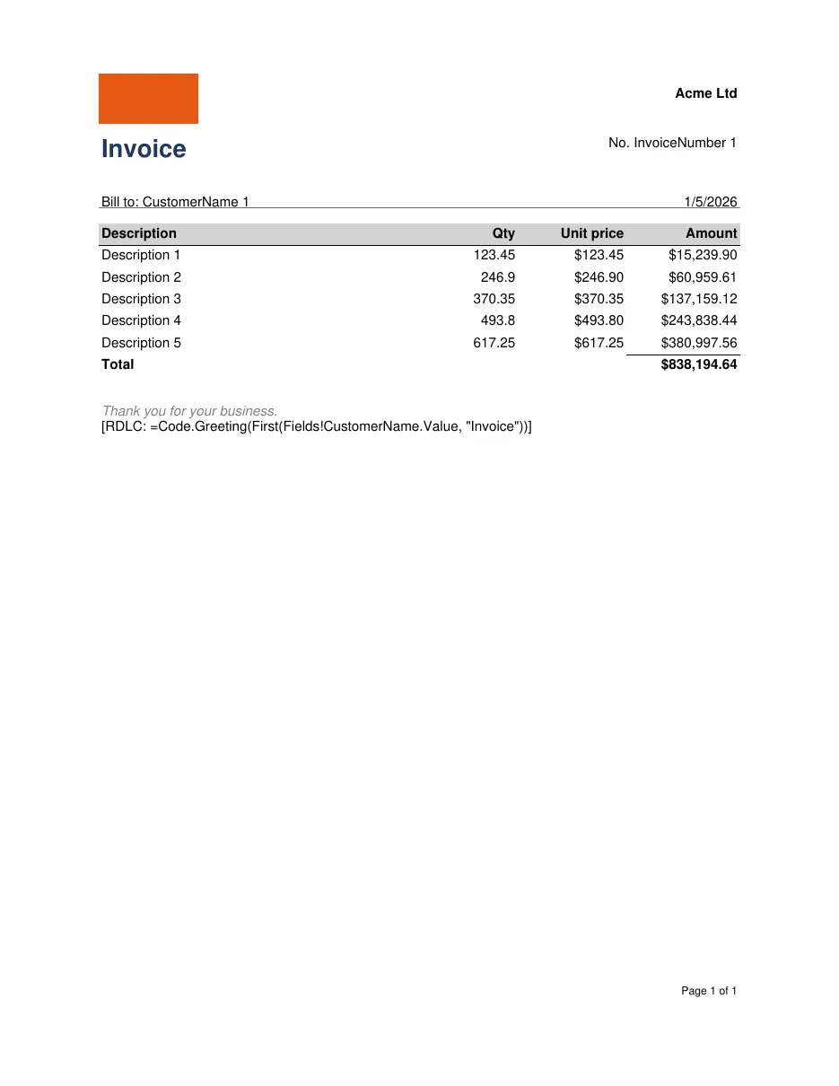 The converted invoice rendered with sample data: the title, company name, invoice number, a table of lines with a total, and the placeholder for the custom-code expression.