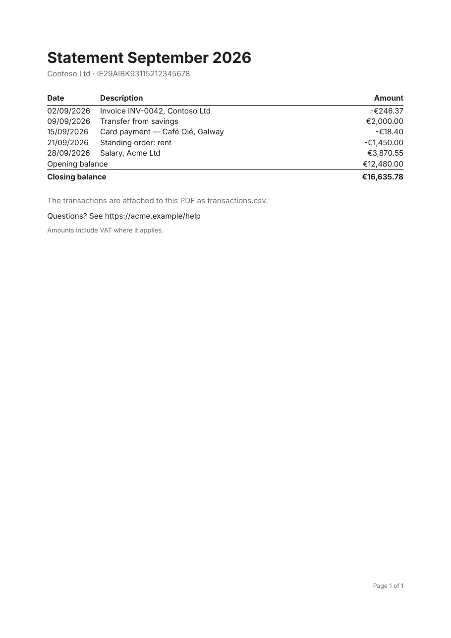 An account statement: PDF/A-4f with the transactions attached as CSV, and PDF/UA-2.